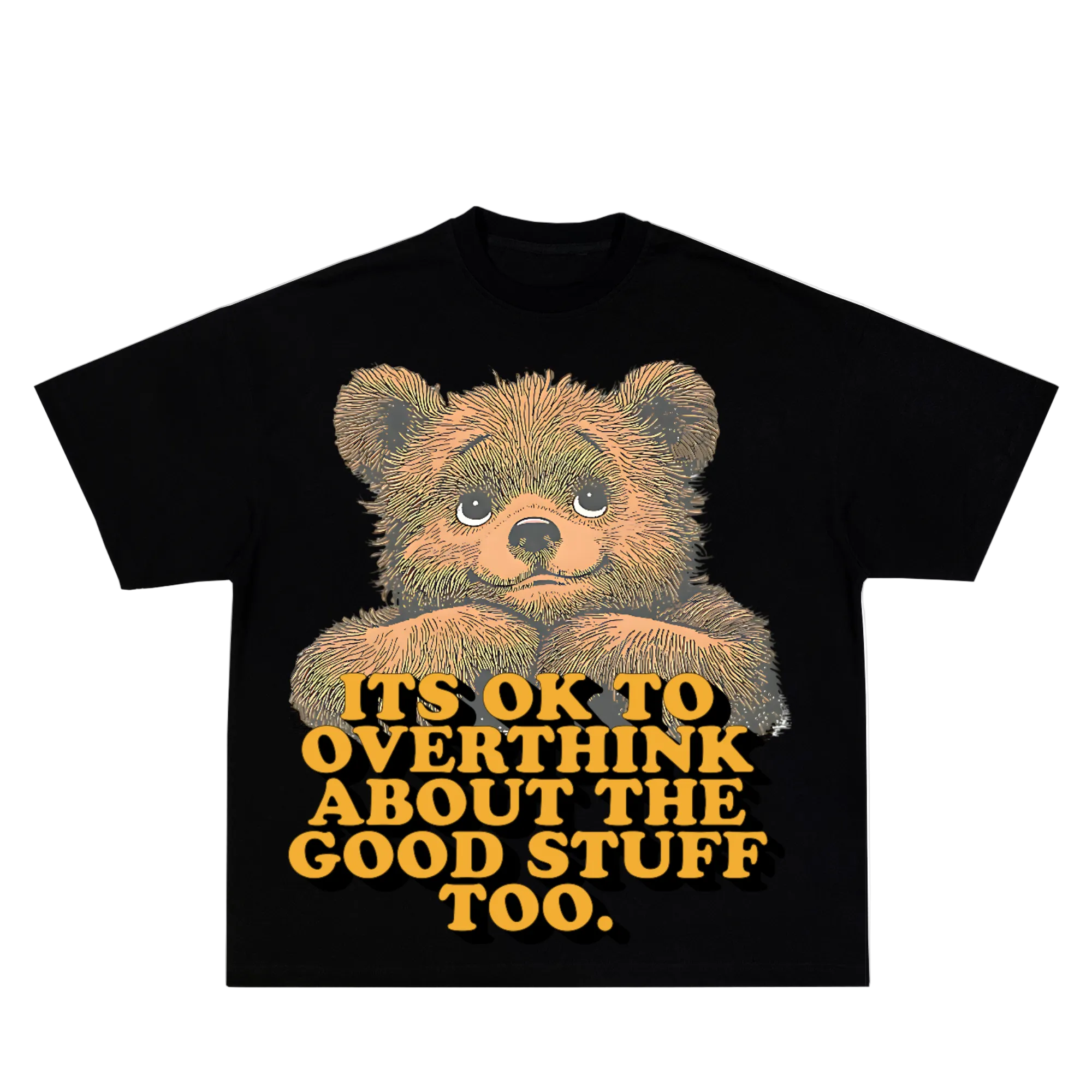Black t-shirt with a bear graphic and text on a white background